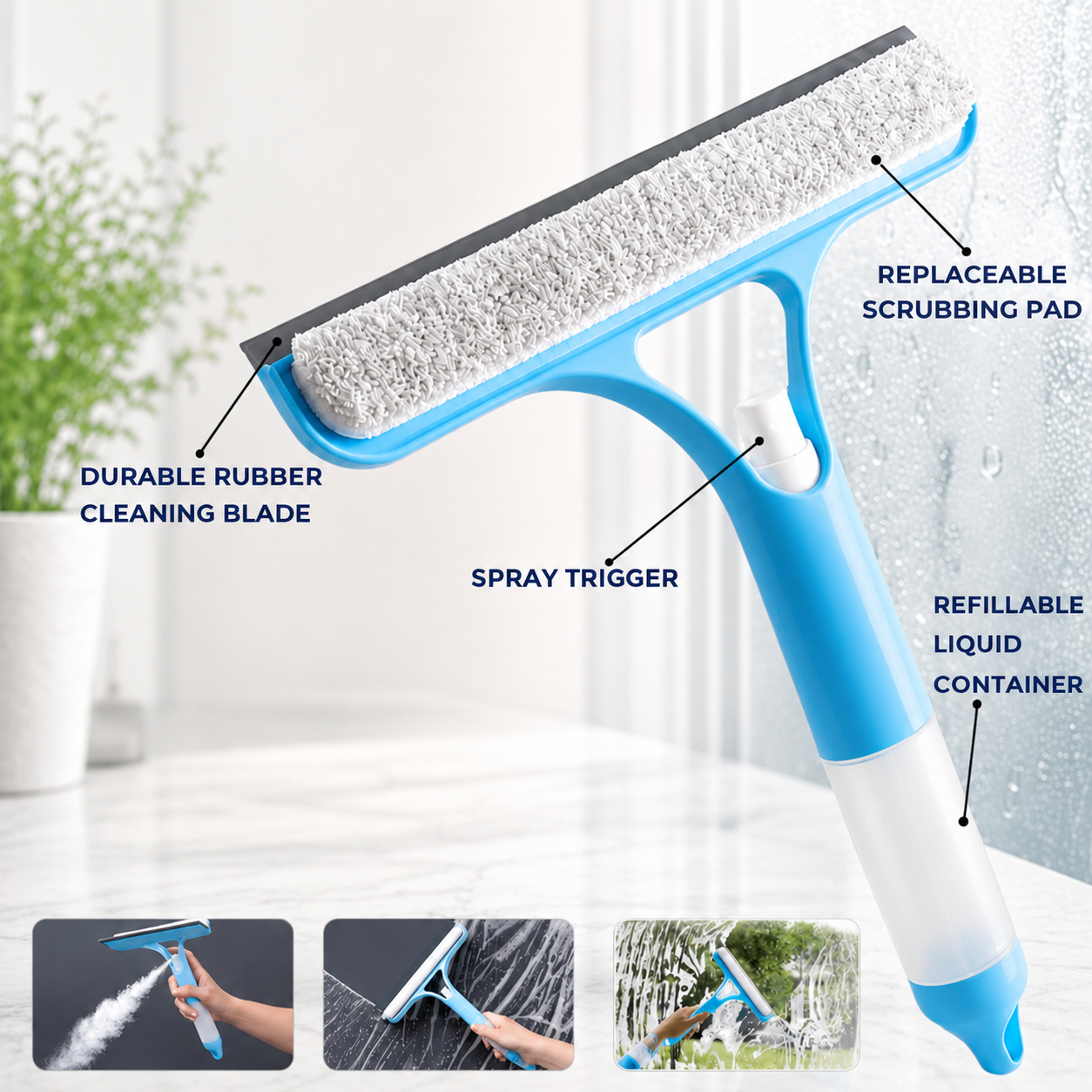 3-in-1 Window Cleaning Wiper with Built-in Spray Bottle
