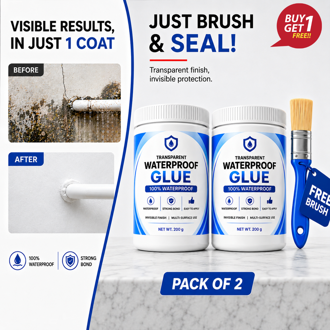 Waterproof Leak Repair Glue (Pack of 2) + FREE Brush - 50% OFF