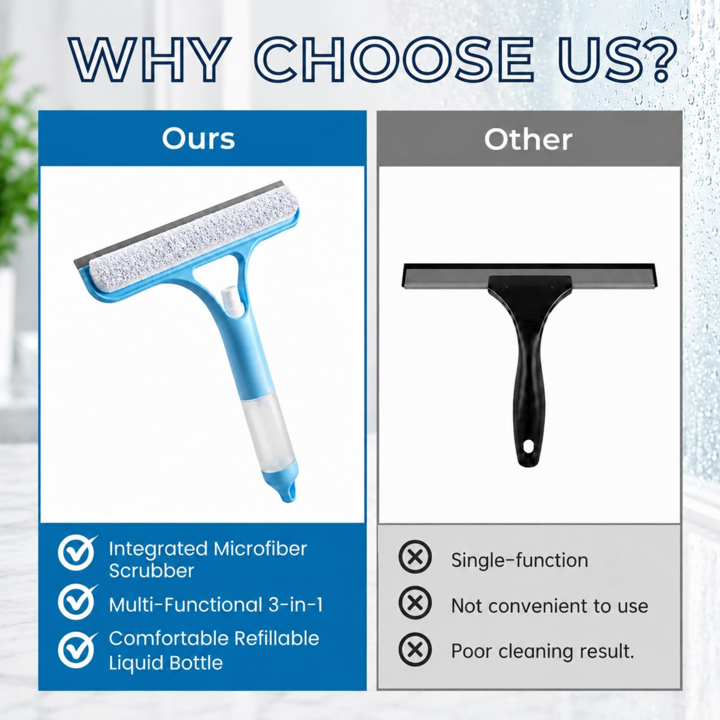 3-in-1 Window Cleaning Wiper with Built-in Spray Bottle